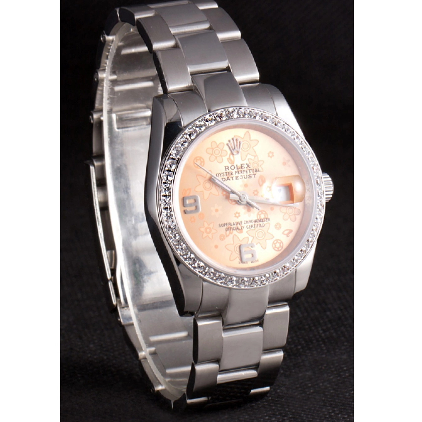 Best AAA Replica Sites Flowers Steel Diamond Rolex Dial Plated Datejust Orange Polished Stainless 0626